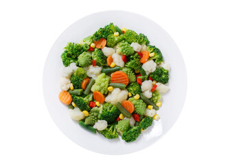 plate of steamed vegetables isolated on a white background