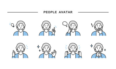 高齢女性の表情とジェスチャーのイラスト素材セット