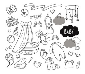 Set of hand drawn baby boy and girl. Cartoon sketch style chalk doodle for icon, banner.