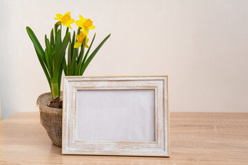 Portrait picture frame mockup with yellow daffodils in natural decorated pots.Ecofriendly life