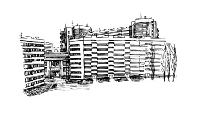 The courtyard of the residential area. Panel buildings in Saint-Petersburg. Vector illustration in black ink, isolated on a white background in a doodle and hand drawn style.