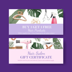 Voucher template with salon hair beauty concept,watercolor style
