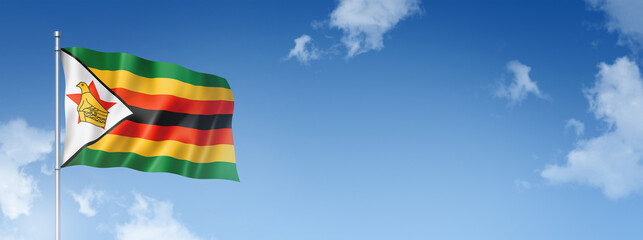 Zimbabwe flag isolated on a blue sky. Horizontal banner - obrazy, fototapety, plakaty