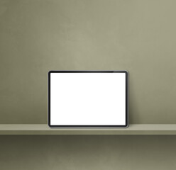 Digital tablet pc on green wall shelf. Square background banner