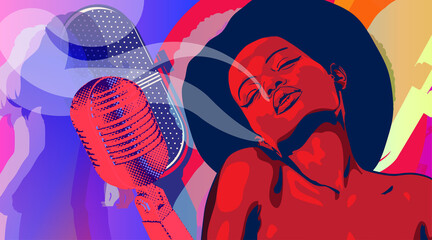 Afro hair woman singer dreaming and dancing. Music backround around retro mic - 498543849