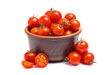 Group of cherry tomatoes in brown bowl isolated on white background. - Powered by Adobe