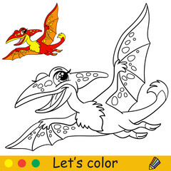 Cartoon cute dinosaur pterodactyl coloring book page vector