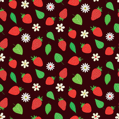 Cute strawberry seamless pattern with green leaves, white flowers and daisies on dark background. Great for textile, gift wrapping paper and stationary 
