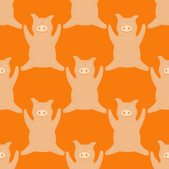 Seamless pattern cute pigs. Background of chubby piggy in doodle style.