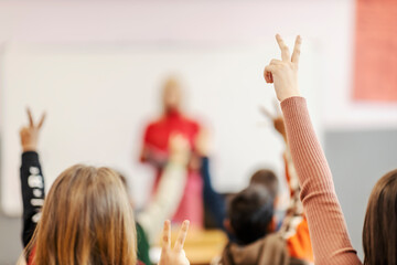 Rear view of schoolgirl rises arm to answer the question.