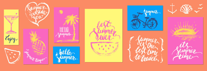 Hand drawn summer poster set with fruit, palm, sun, bike, calligraphy.