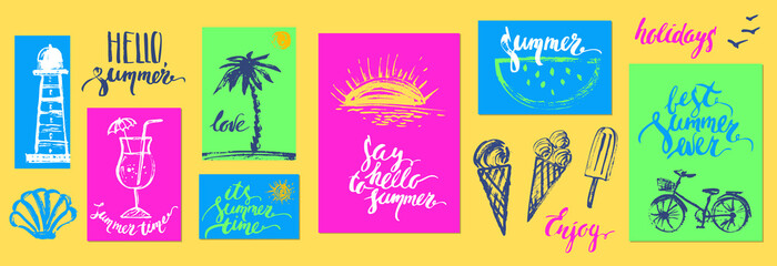 Hand drawn summer poster set with calligraphy, palm, sun, ice cream, bike, cocktail.