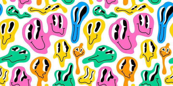 Funny melting smiling happy face colorful cartoon seamless pattern. Retro psychedelic drug effect smile icon background texture. Trendy character doodle wallpaper.