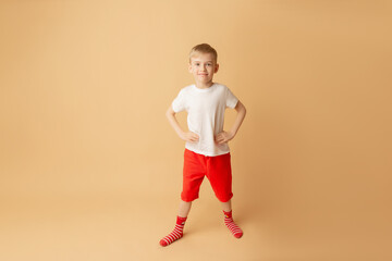 Fototapeta na wymiar T-shirt design concept - smiling little boy in blank white t-shirt on a beige background
