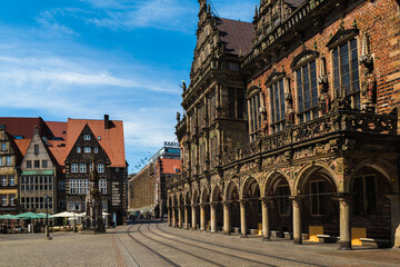 Bremen Roland statue in the Rathausplatz marktplatz or market square in the historical center of the medieval Hanseatic city of Bremen, Germany, July 15, 2021