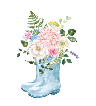 Watercolor botanical illustration of gardening boots with floral arrangement. Hand painted rubber boot vase and beautiful spring flowers, isolated on white background.