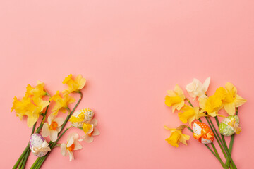 Light yellow and white daffodil flowers on pink background. Spring flowers background with copy space. Narcissus bouquet against pink background for greeting card
