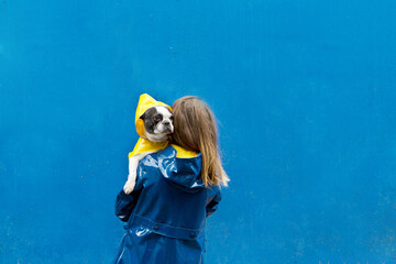 Unrecognizable woman hugging dog with raincoat on blue background. Horizontal rear view of woman with bulldog wearing a yellow raincoat and big copy space. People and animals concept.