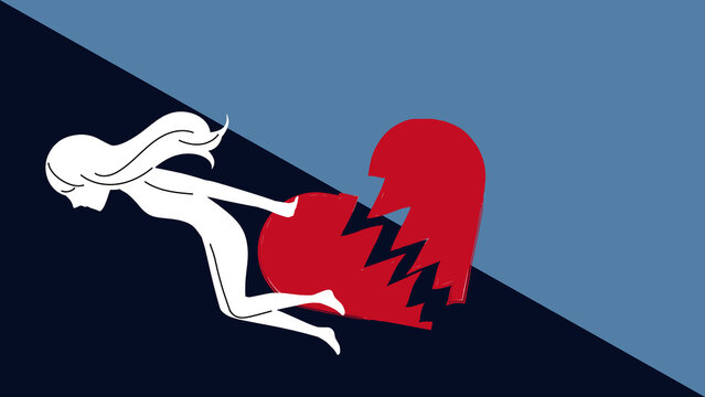身投げする女性のシルエットと割れたハートの自殺イメージの抽象的なイラスト