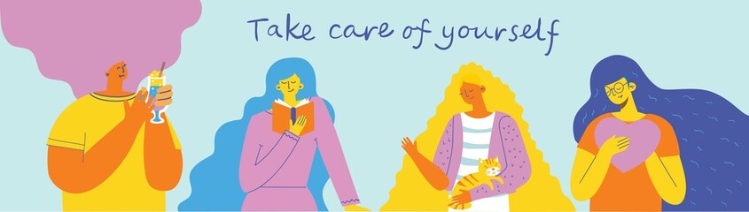 Obraz premium Love yourself set. Vector lifestyle concept card with text enjoy every moment. Motivation to take time for yourself: read books, go to events, create, be positive, do yoga.