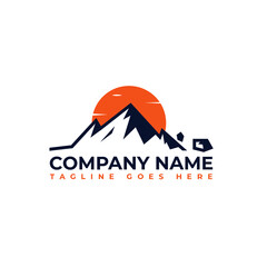Mountain logo design template with rolling rocks and sun or sunset