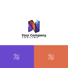 Isometric n letter logo template colorful and transparent modern design, technology and speed related alphabetic graphic in purple and orange