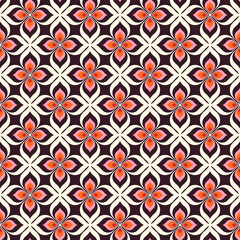 Vintage geometric floral seamless pattern. Retro 70s nostalgic simple shaped groovy flowers with circles colorful background. Modern fashion vector print for fabric, wallpaper