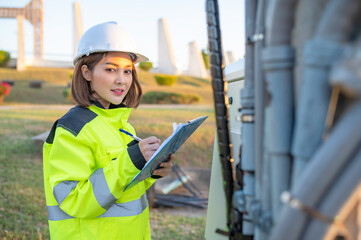Telecommunication engineers work at cell towers for 5G cell phone signals,Network tower maintenance...