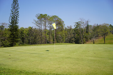  View of Golf Course with beautiful putting green. Golf course with a rich green turf beautiful scenery.