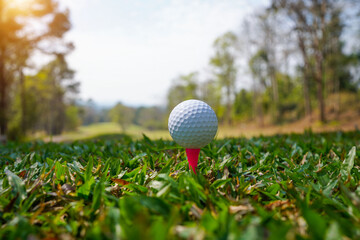 Golf ball on tee in beautiful golf course at sunset background.