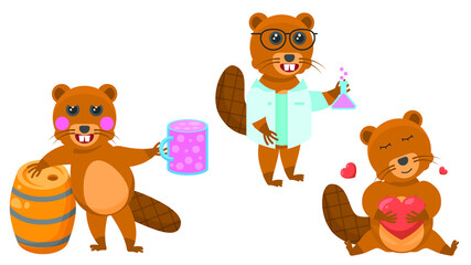 Set Abstract Collection Flat Cartoon Different Animal Beavers Hugs The Heart, Flask Scientist, Drunk On A Barrel And With A Glass Of Wine Vector Design Style Elements Fauna Wildlife