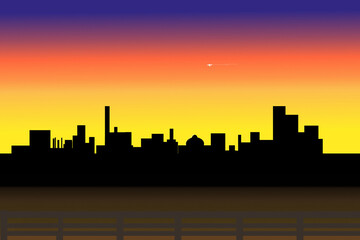 Fototapeta na wymiar Stylized city skyline at sunset wit jet plane in sky.