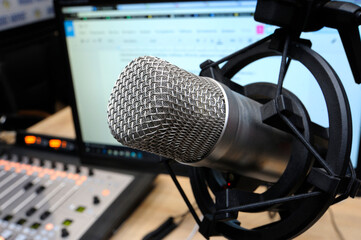 Microphone working at the radio studio