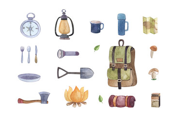 travel and vacation kit, campfire,lantern,backpack, axe,map, watercolor illustration isolated on white background, tourist equipment