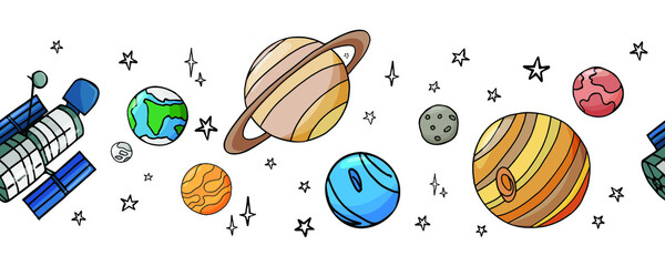 Seamless border Solar System Planets with stars and space telescope.