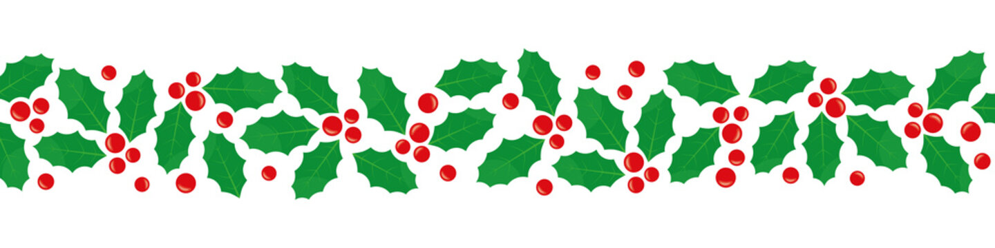 holly berries christmas banner, garland, border on white background- vector illustration