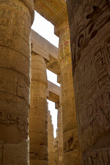 Fototapeta na wymiar Columns of complex of Karnak temple with ancient egyptian hieroglyphs and symbols. Great Hypostyle Hall at Temples of Karnak (ancient Thebes). Luxor, Egypt, Ancient history