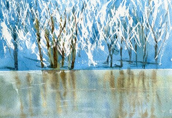 Winter landscape. Hand drawn watercolor illustration  - 498553093