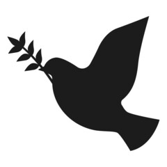 Flying dove silhouette on white background. Peace bird holding Mira branch.