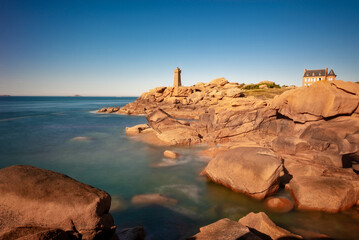 Lighthouse of Ploumanach at the golden hour in Perros-Guirec, Côtes d'Armor, Brittany, France