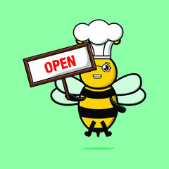 Cute cartoon bee character holding open sign designs in concept 3d cartoon style