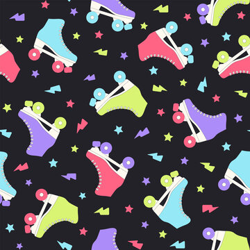 Roller skate groovy seamless pattern. Neon colored retro vector background. Cartoon style fashion print for fabric, wallpaper, wrapping paper