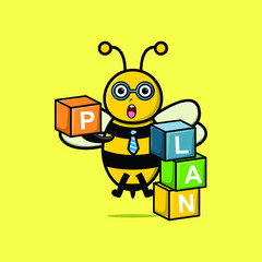 Cute cartoon bee businessman stacking plan box in 3d modern style design