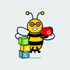Cute cartoon bee businessman stacking goal box in 3d modern style design