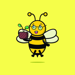 Cute cartoon bee holding plant in a pot 3d modern style design