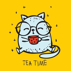 Cute vector hand drawn illustration with sketch cat with cup of tea.Card background with lettering Tea time.