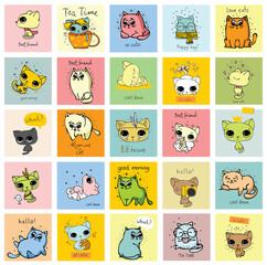 Obraz premium Big set of vector cards with cute funny cats and hand drawn texts