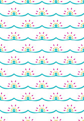 Scribbled wave line seamless pattern, cute geometrical grid template, sun symbol doodle shapes. White colors easy editable background, vector