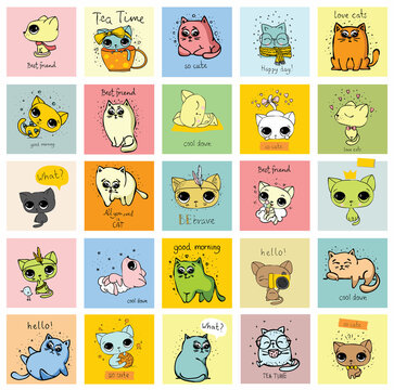Big set of vector cards with cute funny cats and hand drawn texts