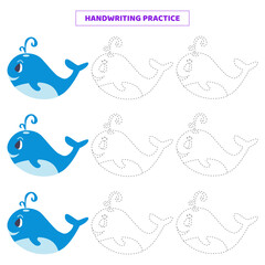 Handwriting practice for kids with cartoon whale.